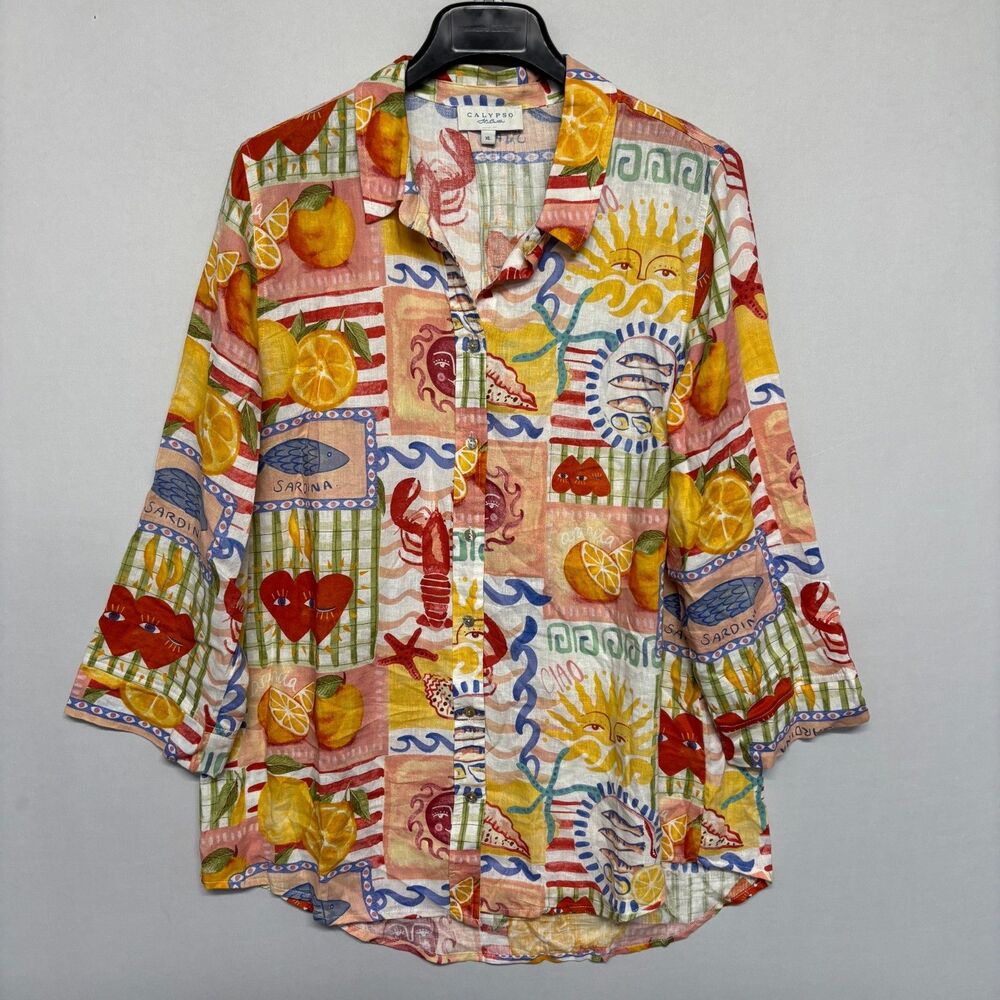 Calypso St. Barth Women Linen Blend Blouse Top Button Shirt XL X-Large C132 -21